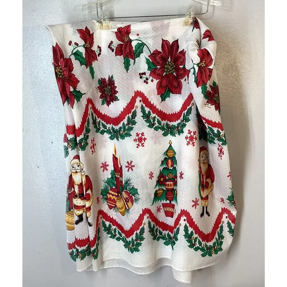 Christmas Table Cloth Vtg Santa Poinsettia Tree Candles 126” X 64”